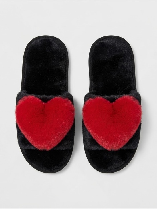 Shoes - Plush Heart Slide Slippers Black with Red Heart, Black/Red, US 7.5-8